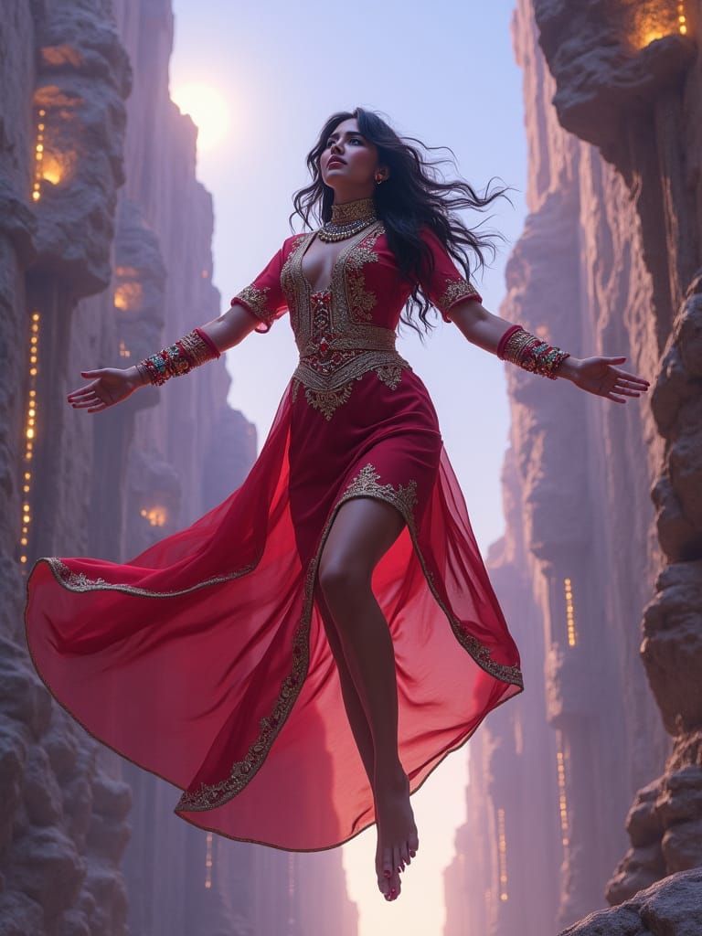 Woman Drifting Over Cityscape in Surreal Style