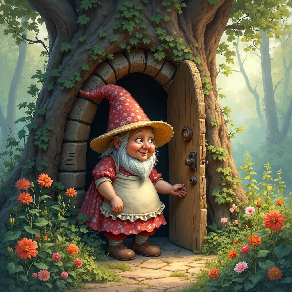 Garden of Whimsy: Elderly Gnome Tending to Floral Haven