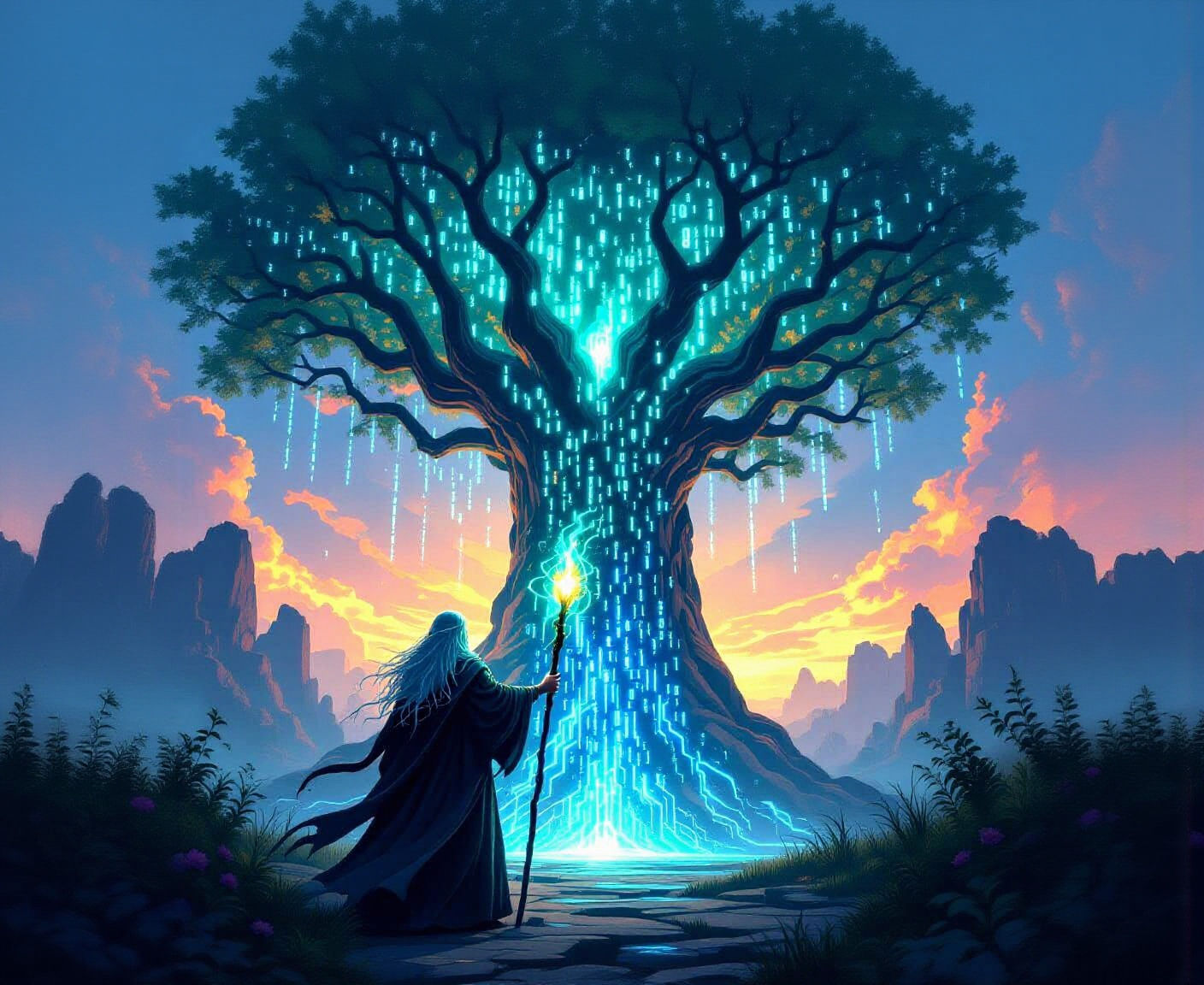 Digital Wizard with Energy Staff Before Binary Tree