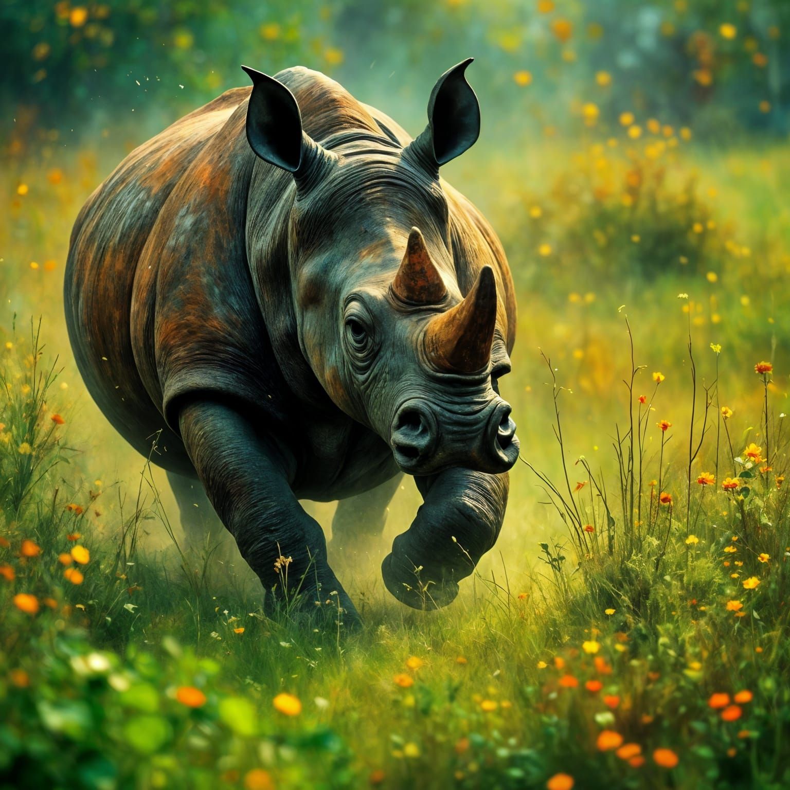 Rhino Charging Through Emerald Grassland in Hyper-Realistic ...