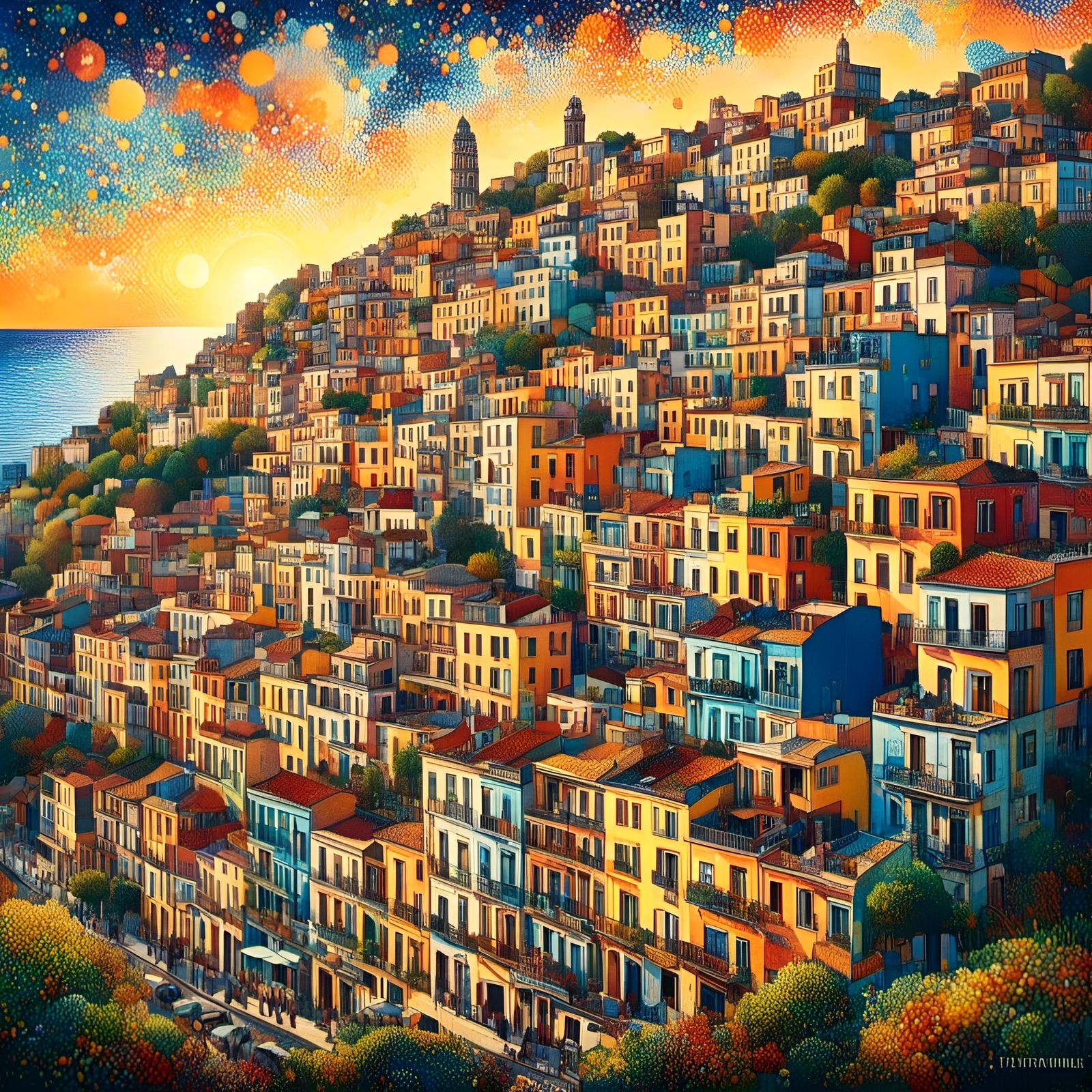 Havana Houses at Sunset in Fauvist Pointillist Style