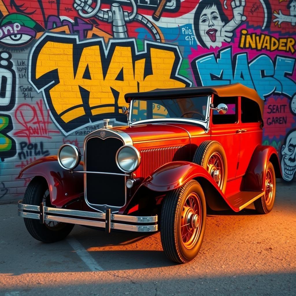 Vintage Car Parked Before Graffiti Wall Art