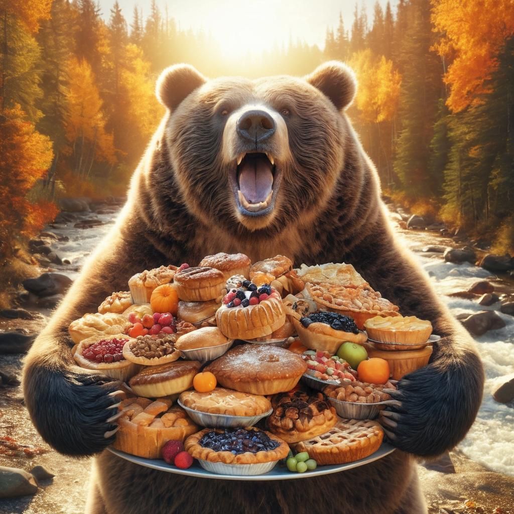 Happy Kodiak Bear with Pies in Autumn Sunlight