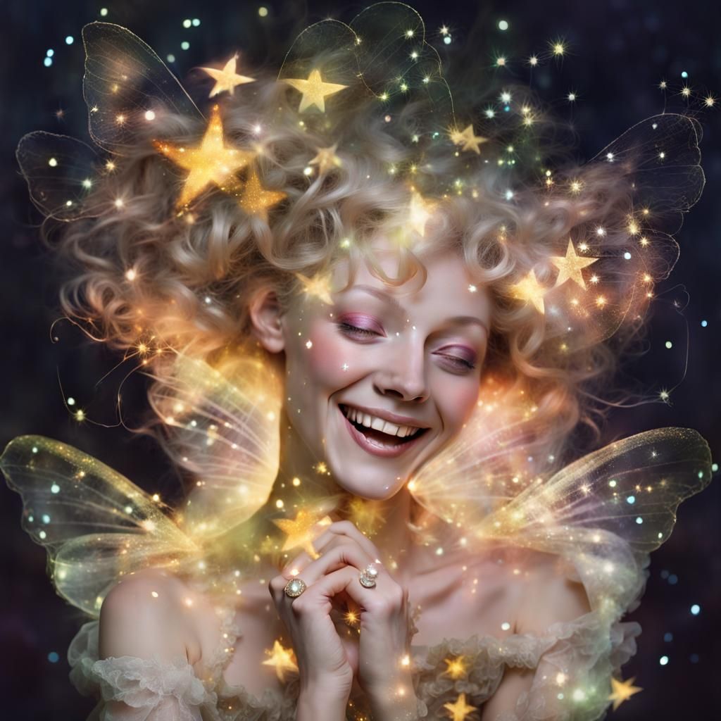 Rococo Fairy Laughing with Fireflies Double Exposure