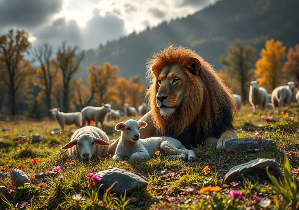 Lion and Lamb in Autumn Valley: Hyperrealistic Photo