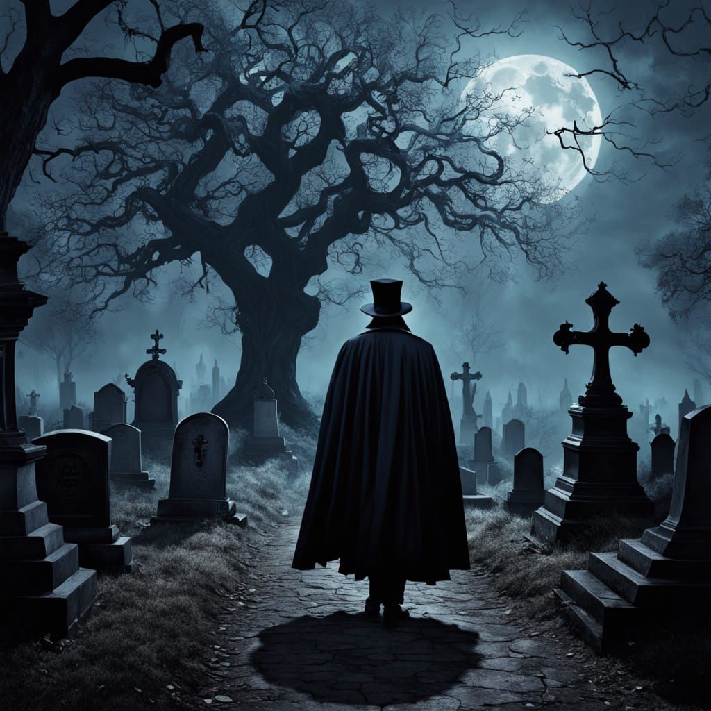 Spectral Victorian Figure in Gothic Cemetery