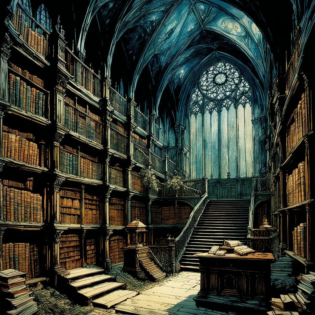 Mysterious Ancient Monastery Library in Romanticism Style