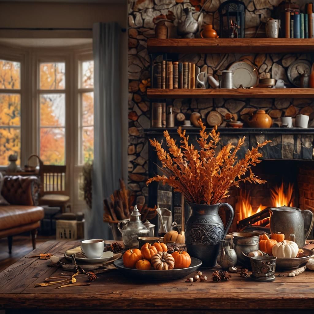 Cozy Autumn Home Interior in Hyperrealistic Style