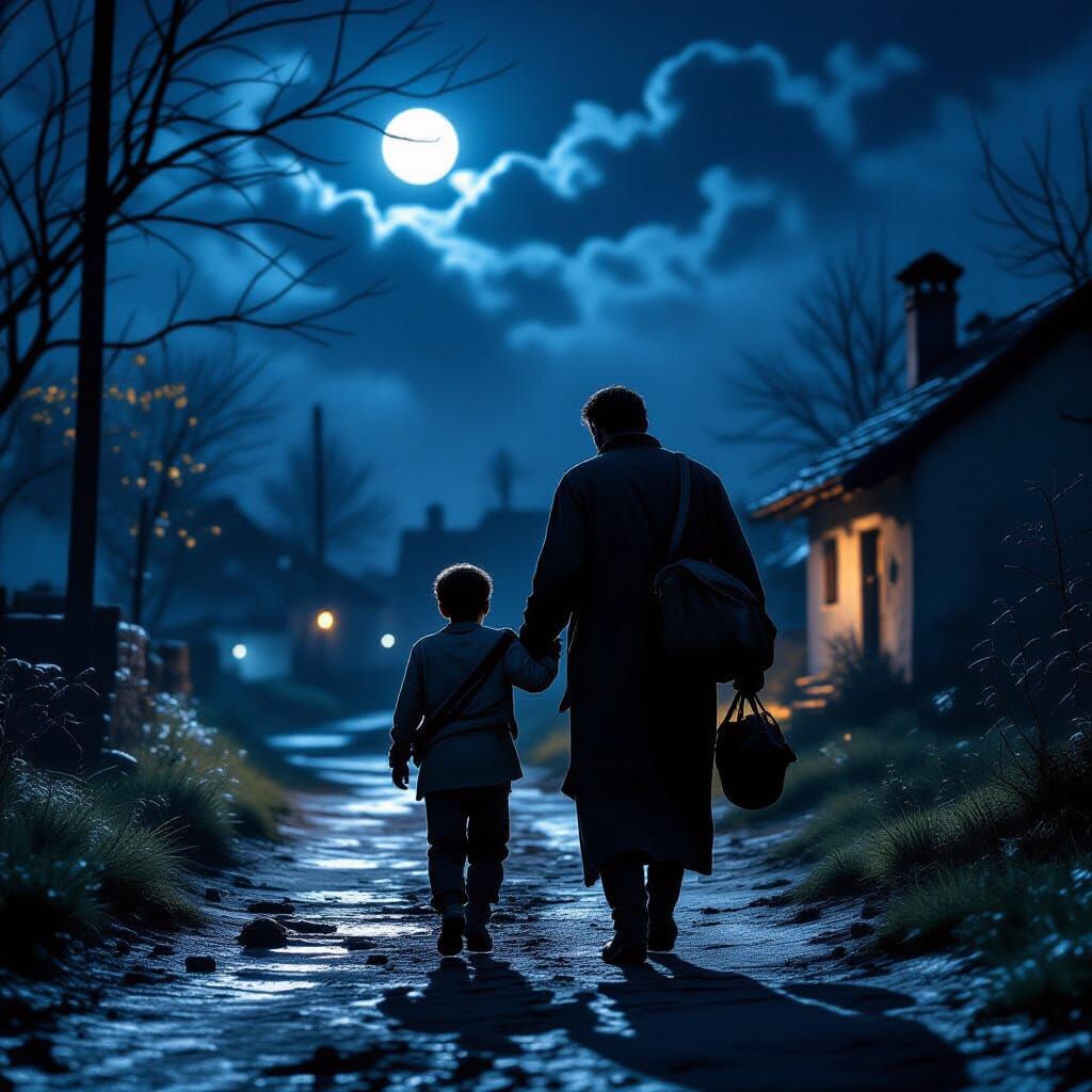 Father Carries Wounded Son Towards Village at Night