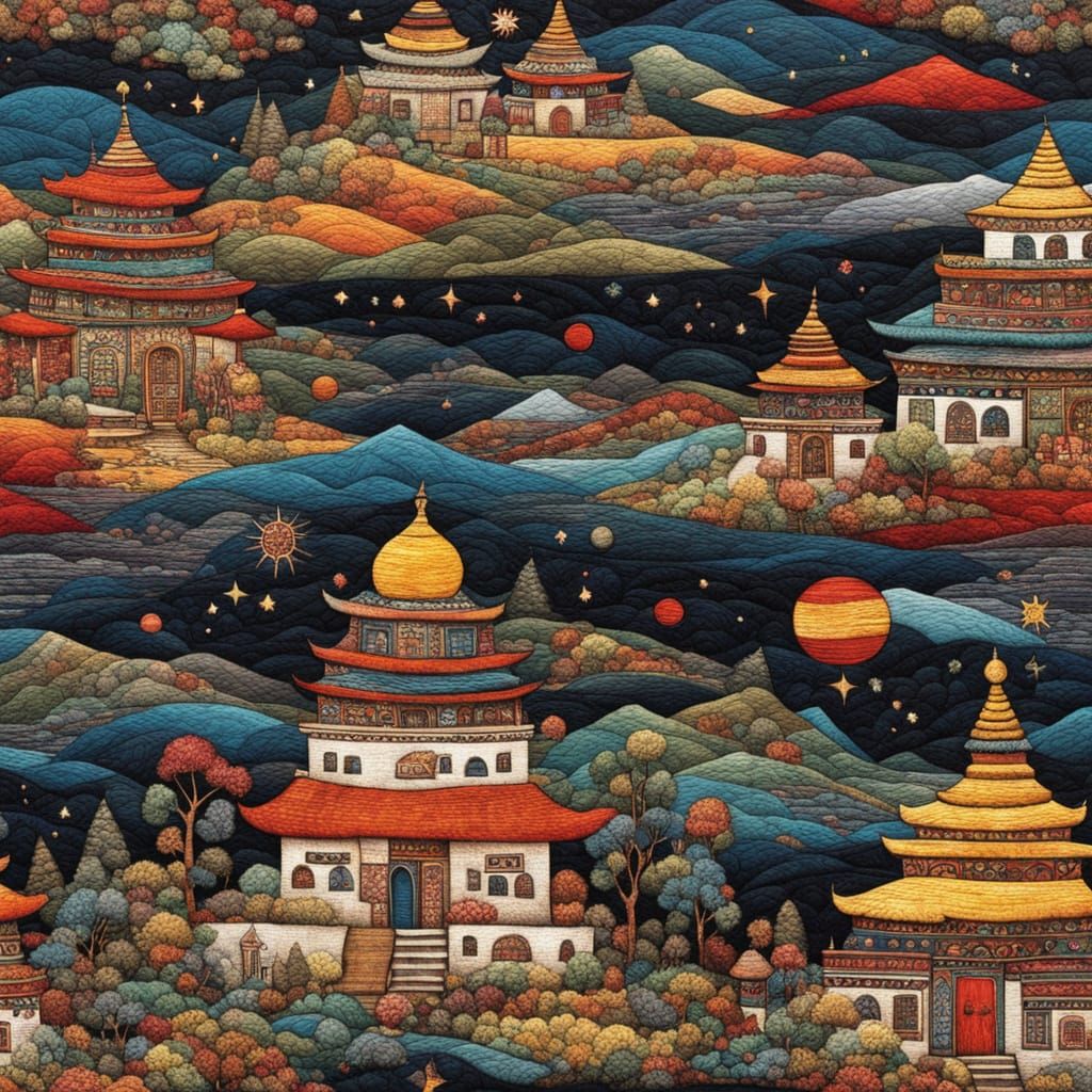 Tibetan Village Masterpiece in Vibrant Colors