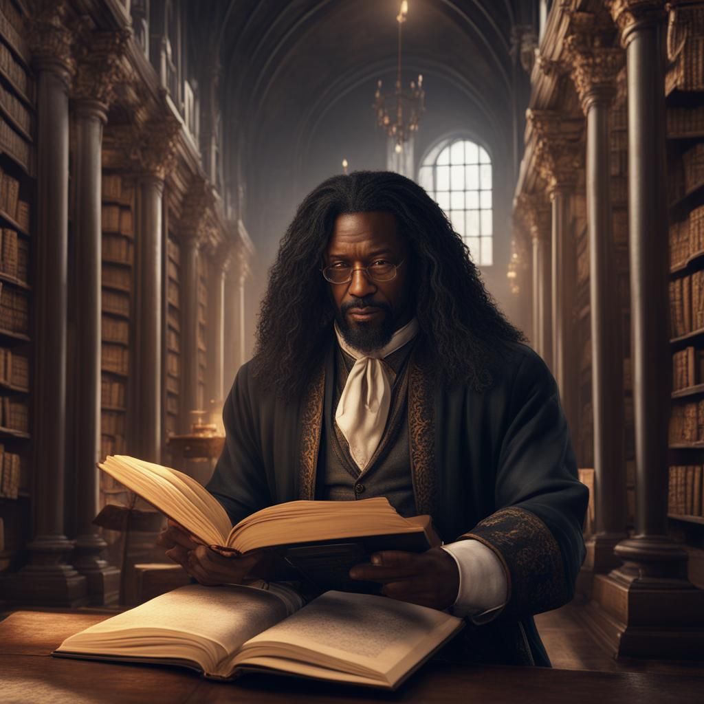 Black Man Reading in Ancient Library, Matte Painting
