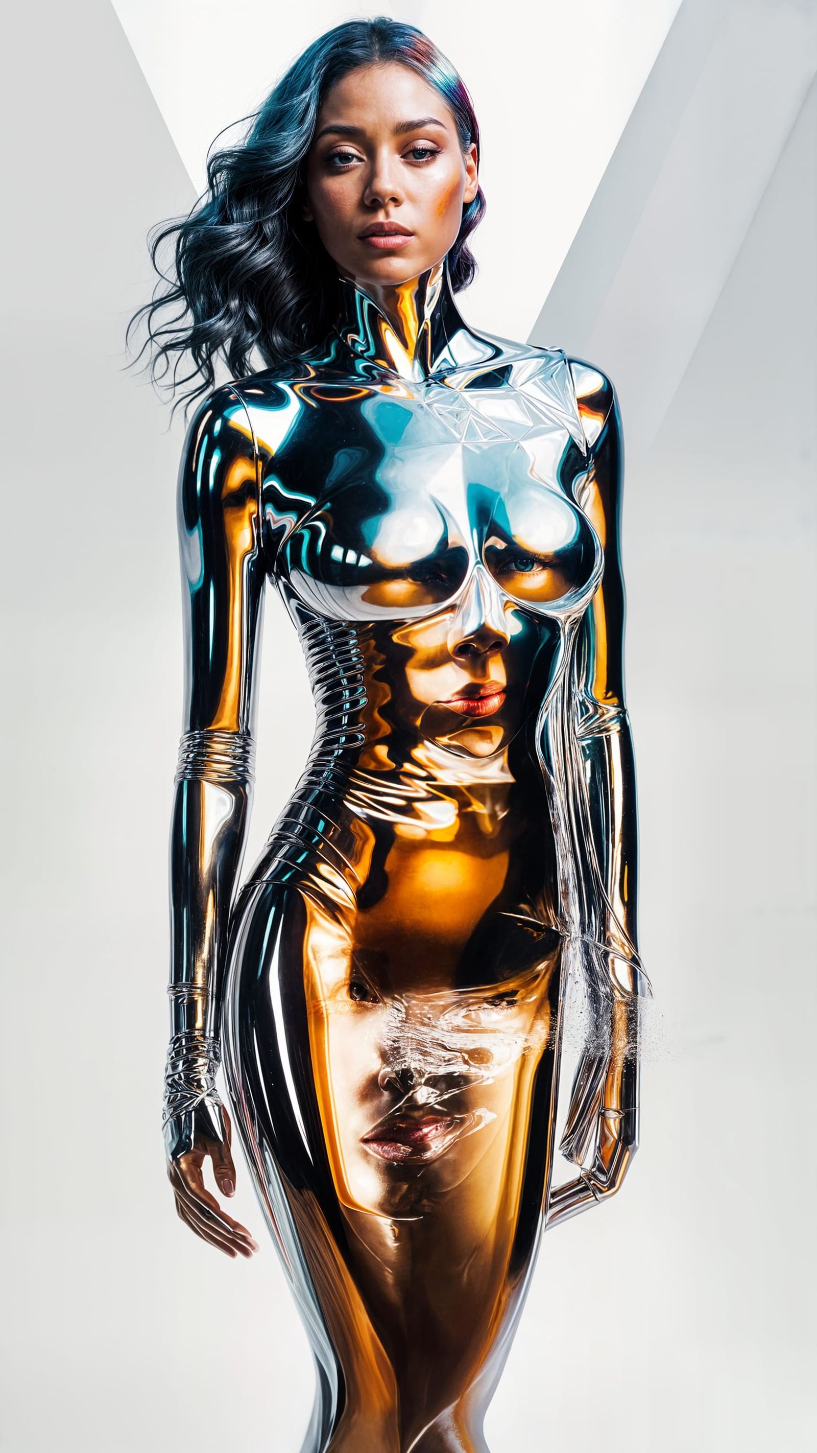 Geometric Chrome Liquid with Double Exposure Portrait