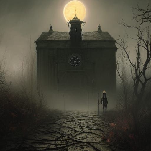 Horror Landscape Clock Tower in Dark Fantasy Style