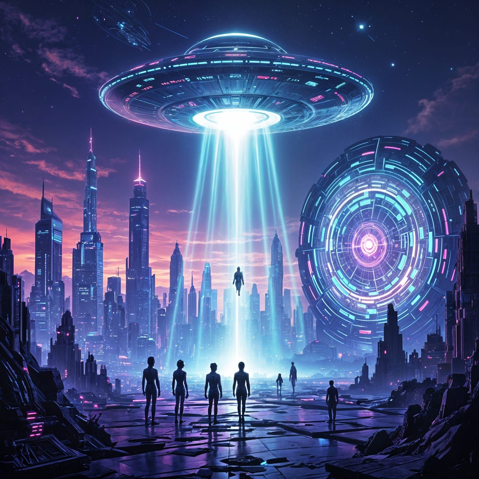UFO Lands Aliens on Futuristic Cityscape in Neon Glow