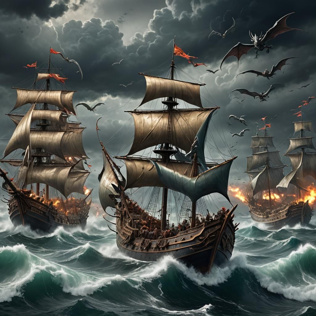 Dragon Riders Attack Fleet in Dark Fantasy Art