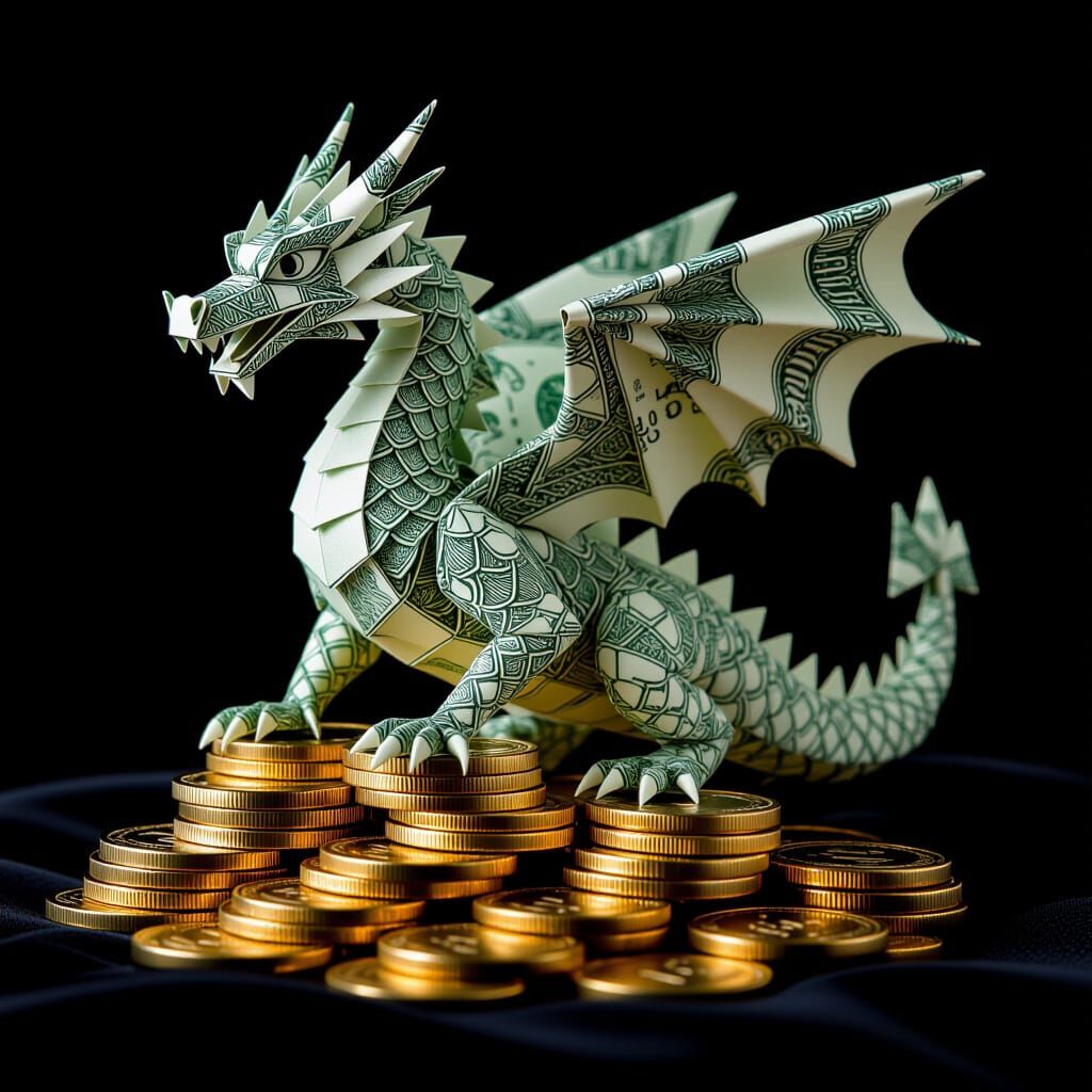 Dragon Origami Sculpture from Dollar Bills on Gold Coins