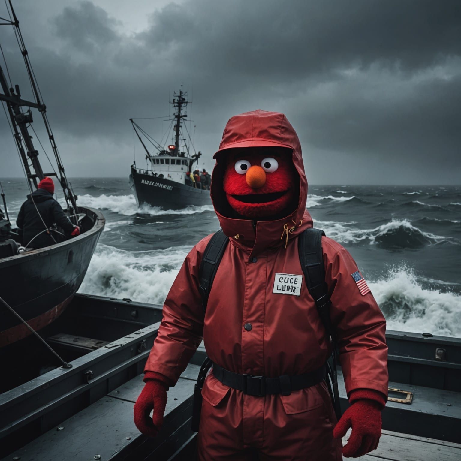 Dramatic Crab Boat Scene with Red Puppet Character