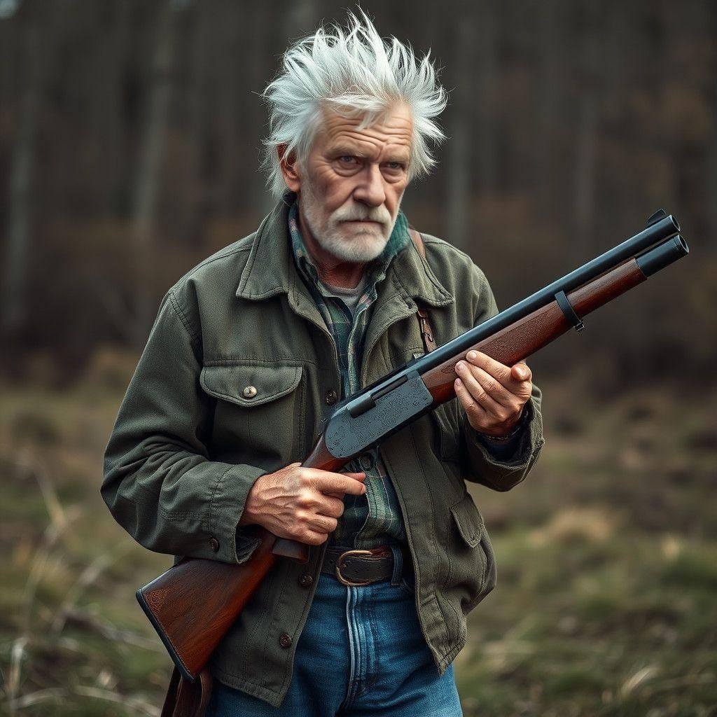 Elderly Man in Green Jacket Holding Shotgun