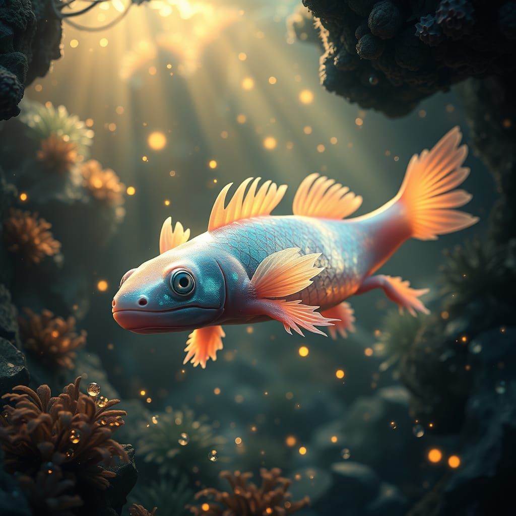 Majestic Iridescent Axolotl in Crystal Forest