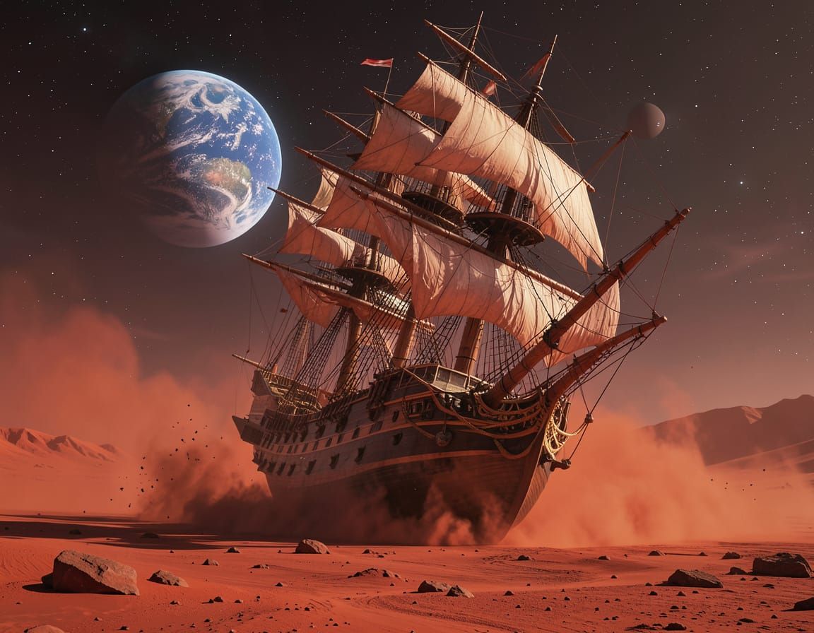 Galleon Stranded on Mars with Earth in Sky