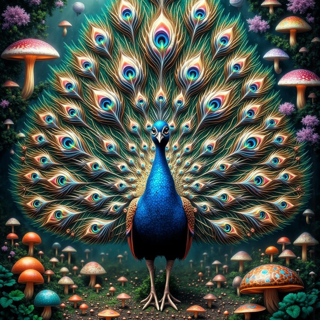 Vibrant Psychedelic Peacock in a Mystical Garden
