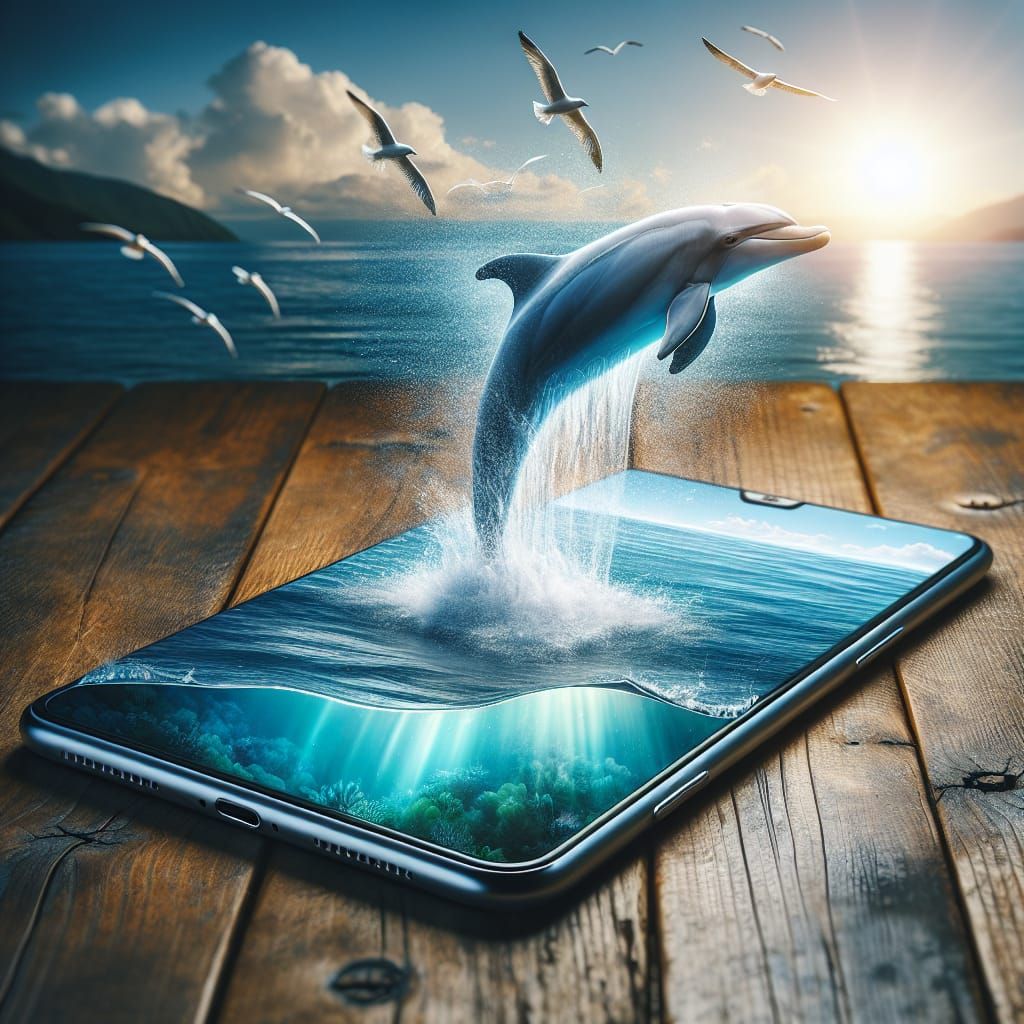 Dolphin Leaps from Smartphone Ocean Display