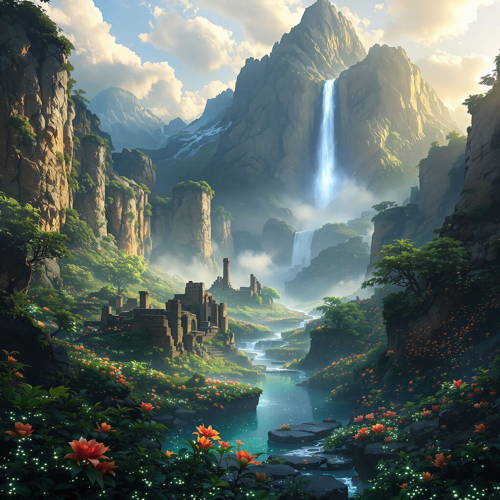 Majestic Waterfall Descends into Hidden Bioluminescent Valle...