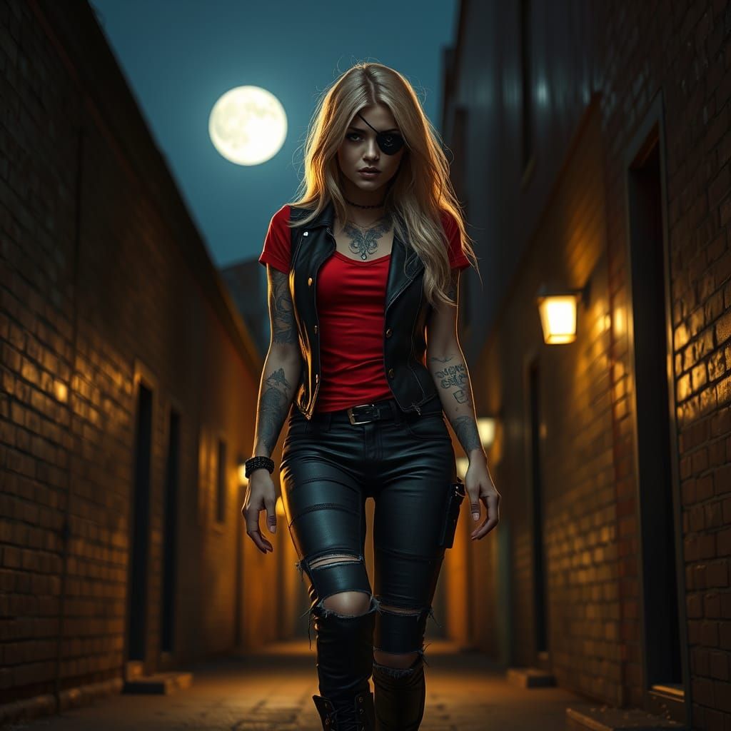 Tattooed Blonde in Alleyway, Cinematic Realism