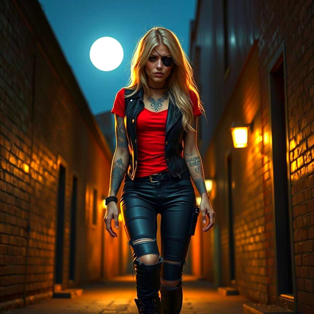 Confident Tattooed Woman Striding Through Alleyway