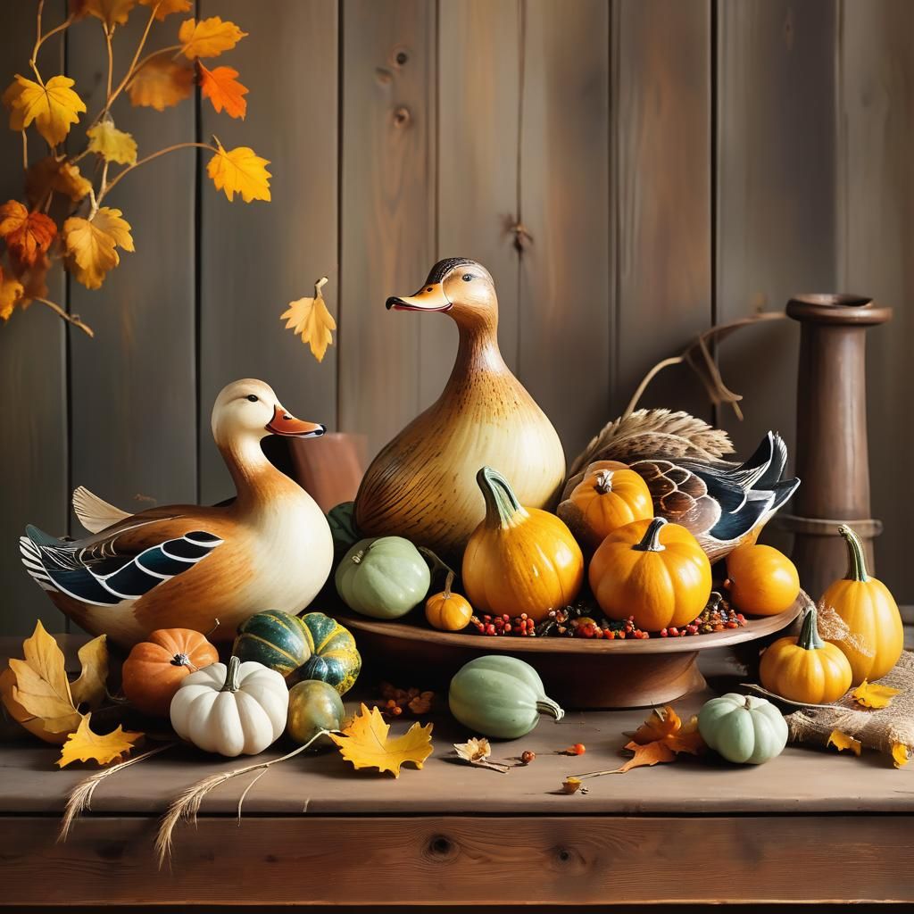 Autumn Still Life with Ducks and Gourds in Folk Art Style