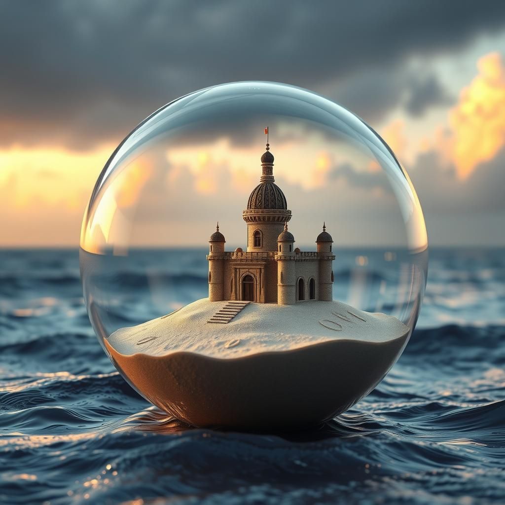 Glass Orb Sandcastle: Hyperrealistic Ocean Scene