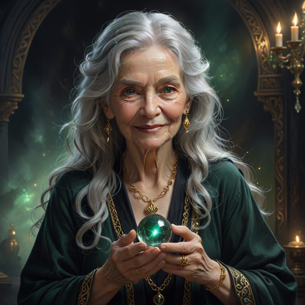 Ethereal Elderly Woman with Crystal Ball in Fantasy Art