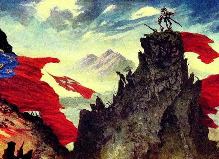 Fantasy Fortress on Scarlet Cliffs, Frazetta Style