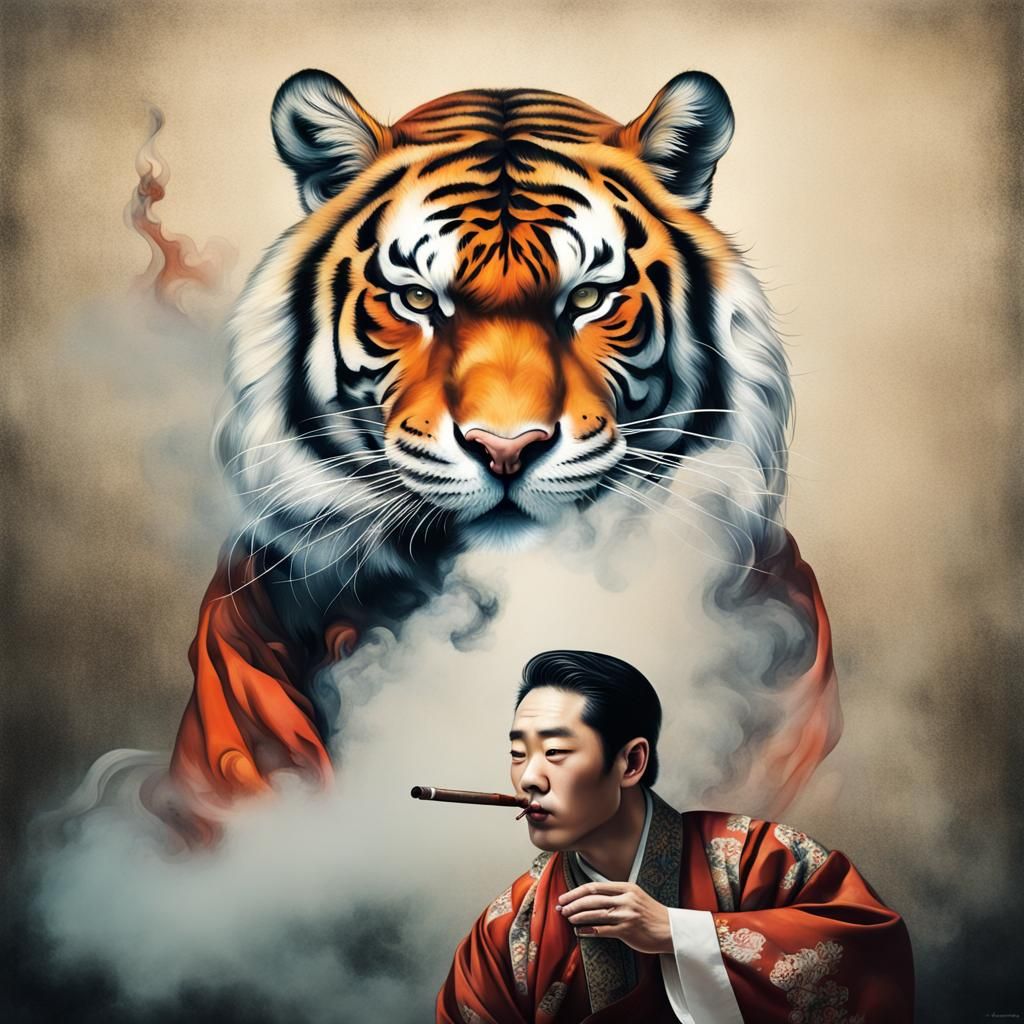 Surreal Korean Painting: Tiger Smoking a Pipe