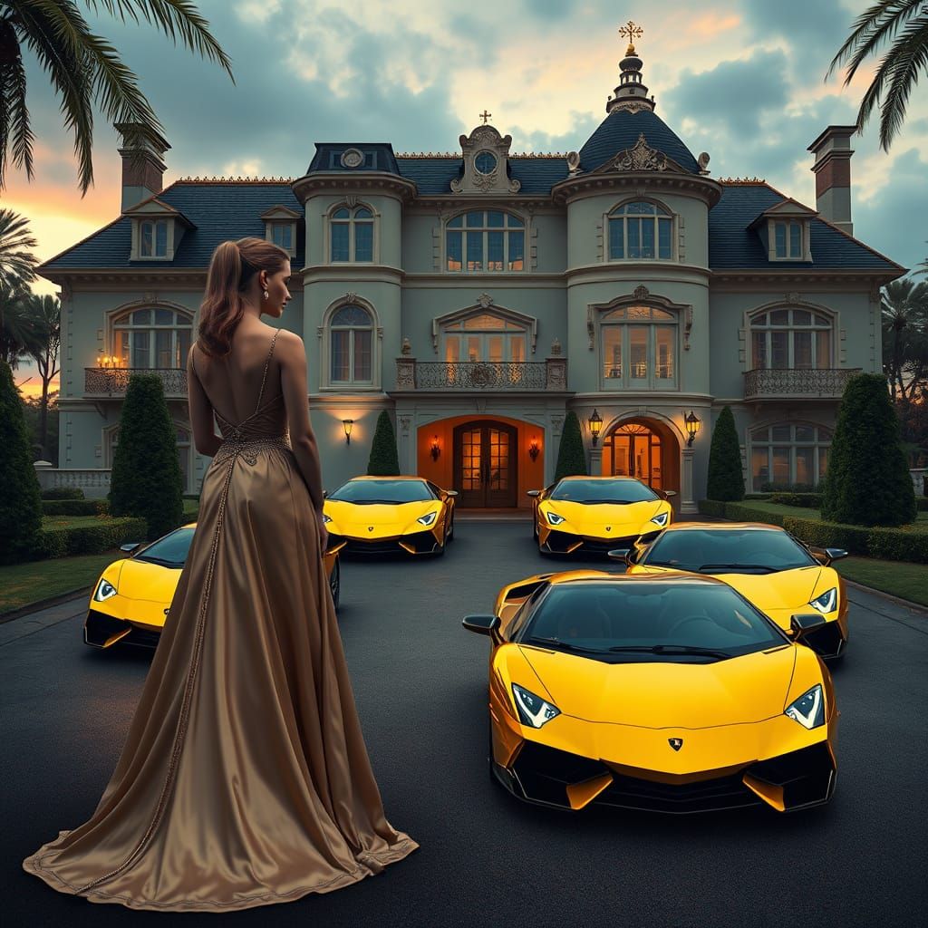 Elegant Woman Beside Mansion with Gold Lamborghinis