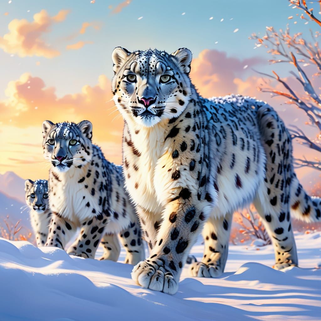 Snow Leopard Family in Winter Wonderland Oil Painting