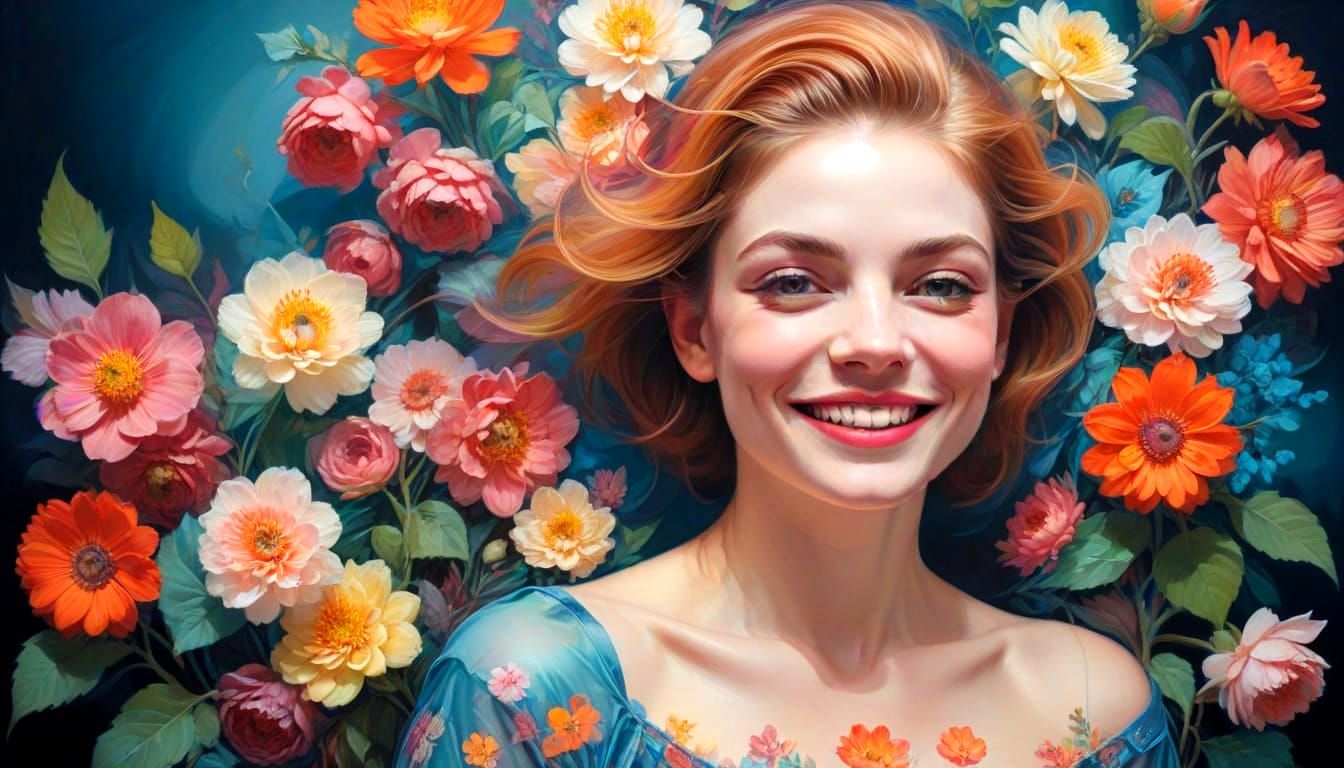 Vibrant Portrait of a Smiling Woman in a Floral Landscape
