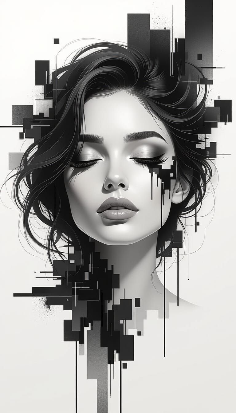 Monochrome Portrait of Serene Woman with Abstract Brushstrok...