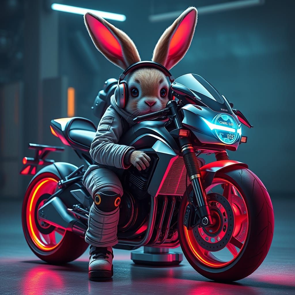 Solarpunk Bunny Mechanic Fixing Motorcycle