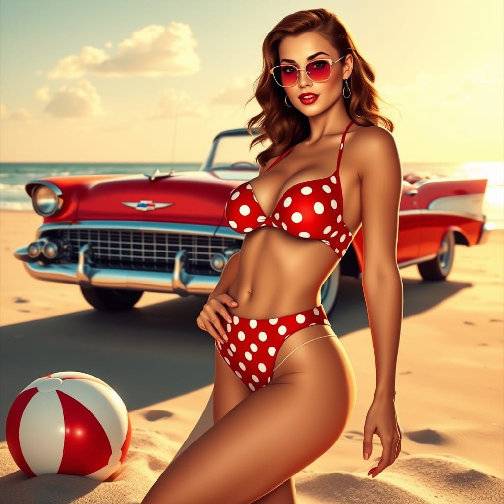 Nostalgic Pin-Up Girl in Vintage Swimsuit Poses on Sun-Kisse...