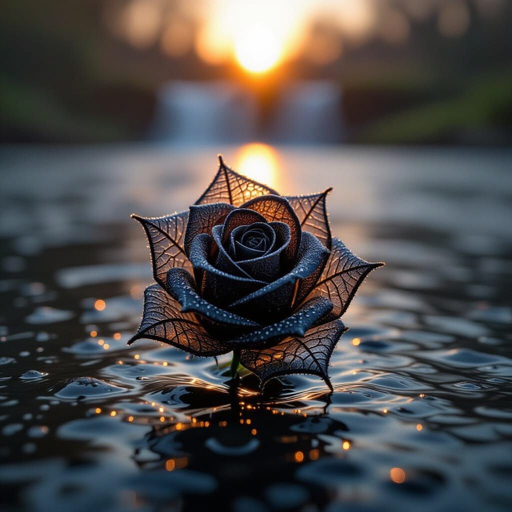 Translucent Black Rose of Spider Silk with Dew