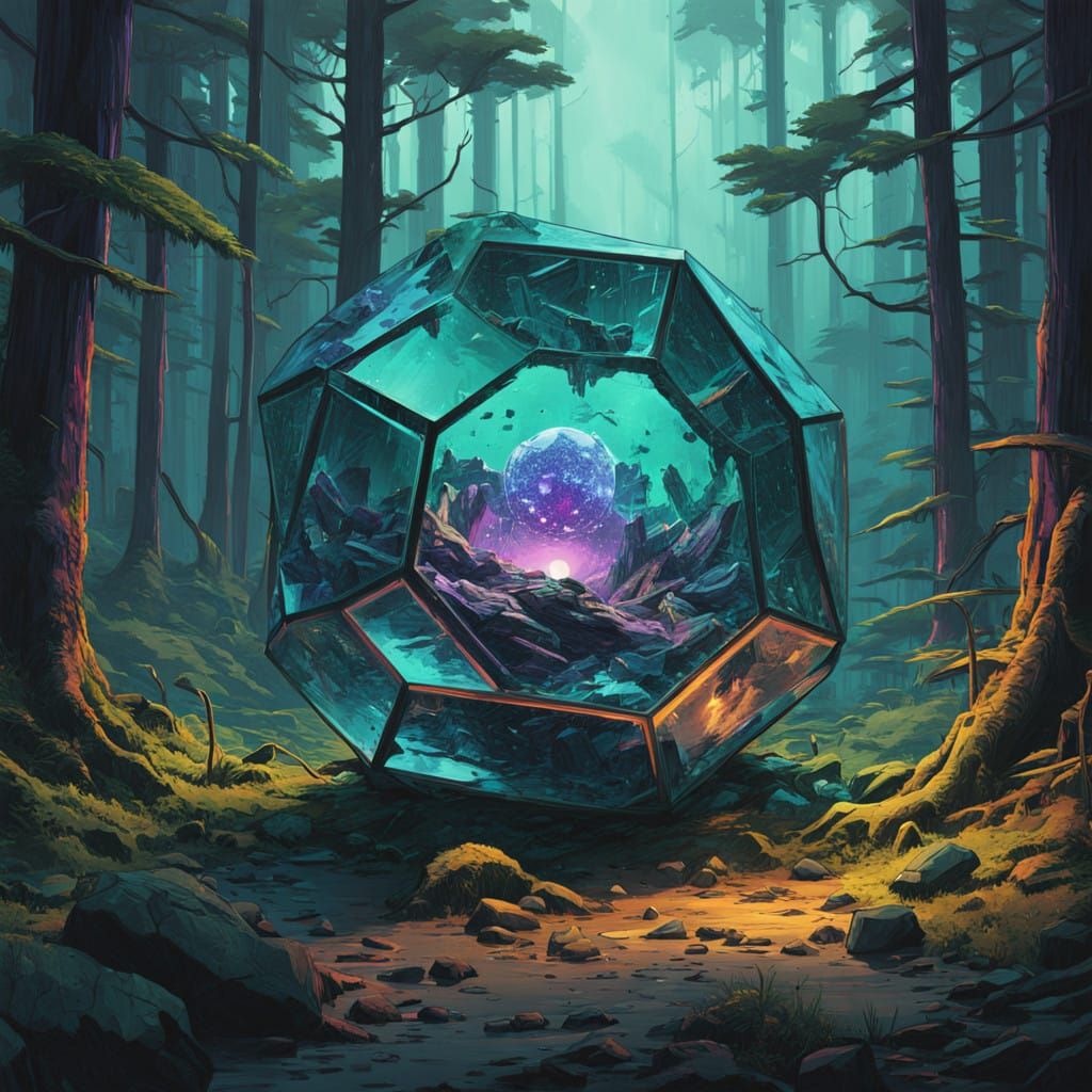 Surreal Glass Dodecahedron in Mystical Galaxy Forest