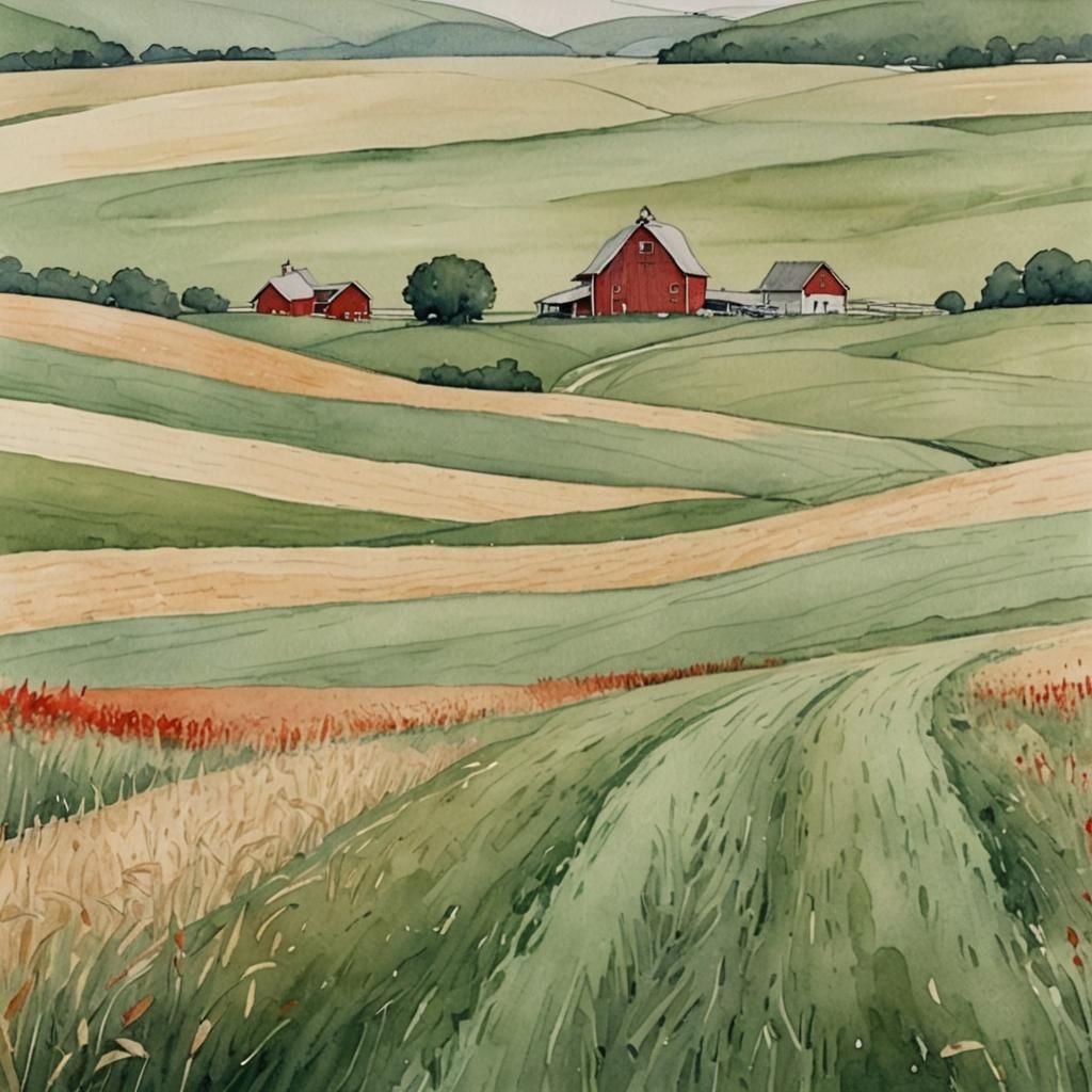 Watercolor Pasture with Red Barn in Klimt Colors