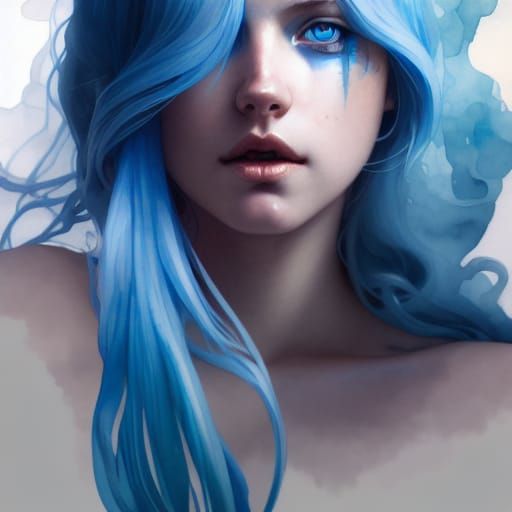 Blue-Haired Girl Merges with Ocean: Neo-Impressionist Portra...