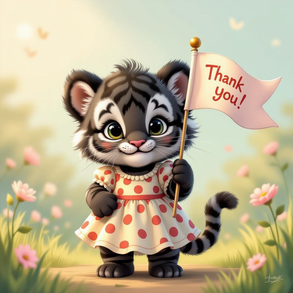 Fluffy Black Tiger in Polka Dot Dress Holding 'Thank You' Fl...