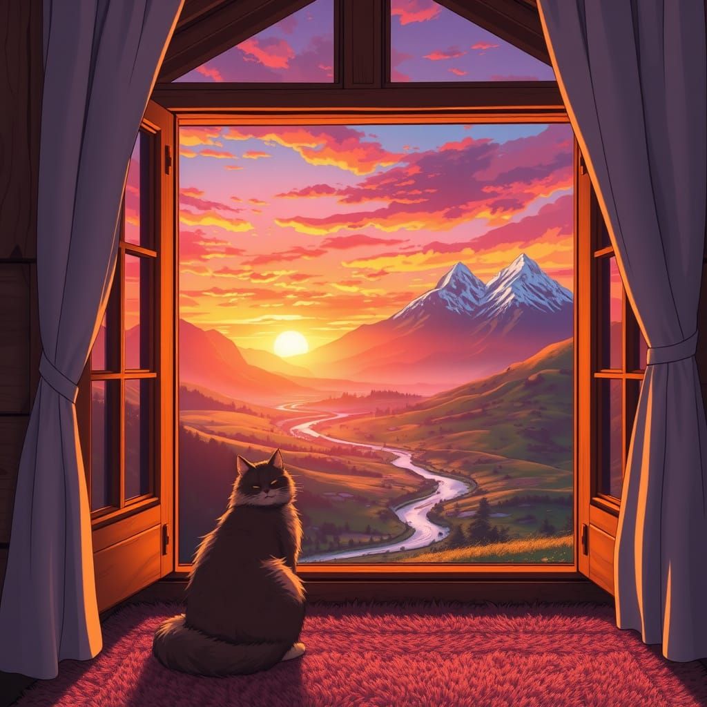 Mountain Cabin at Sunset in Vibrant Anime Style