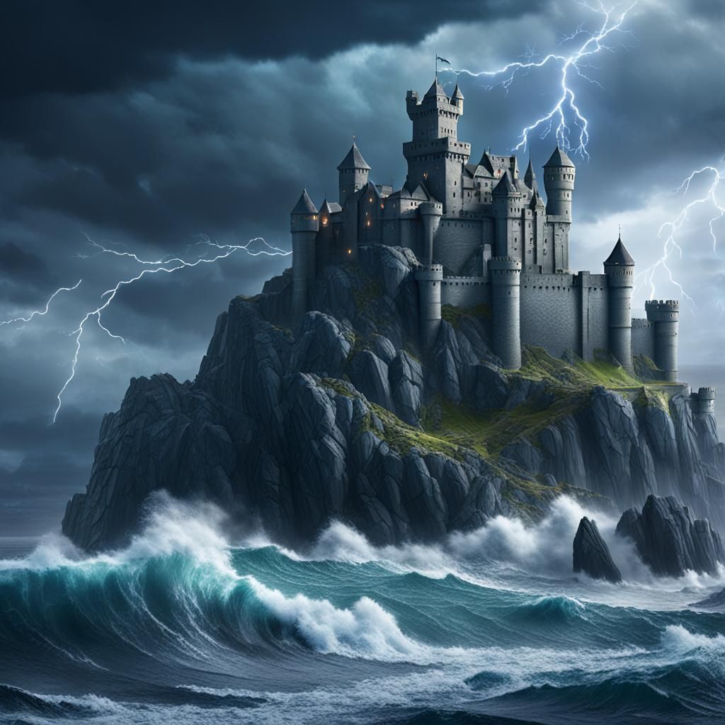 Stormy Island Castle in Dark Fantasy Style