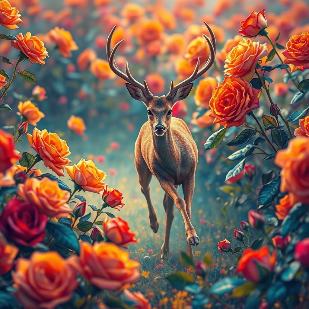 Deer Running Through Rainbow Roses, Alcohol Ink Style