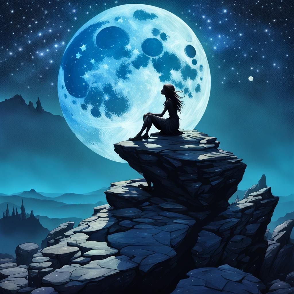 Cartoon Girl Gazing at Moon in Fantasy Landscape
