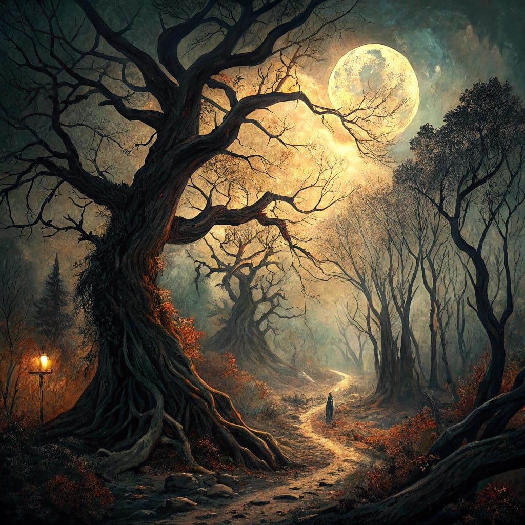 Moonlit Forest Path in Dark Fantasy Romanticism Style